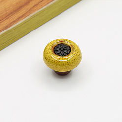 Желтый Дверные ручки шкафа из цинкового сплава, кухонный ящик тянет ручки шкафа, плоский круглый с цветочным и леопардовым принтом, желтые, 32x26 мм