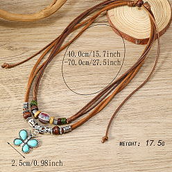 Бабочка Подвеска из сплава и синтетической бирюзы, фарфоровые и деревянные бусины, вощеный шнур, двухслойные регулируемые ожерелья для мужчин, античное серебро, бабочка, 15.75~27.56 дюйм (40~70 см), Кулон : 25 мм