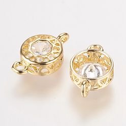 Golden Brass Glass Rhinestone Links connectors, Flat Round, Crystal, Golden, 12x7.5x3mm, Hole: 1mm