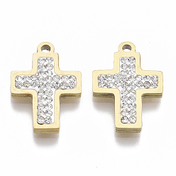 Golden 201 Stainless Steel Pendants, with Polymer Clay Crystal Rhinestone, for Religion, Cross, Golden, 19x13x2~3mm, Hole: 1.6mm