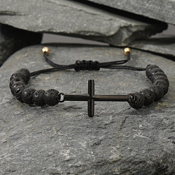 Лавовый камень Браслеты из круглых бусин из натуральной лавы, браслеты с подвесками крест для мужчин