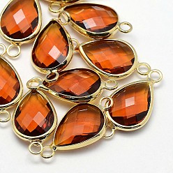 Шоколадный Золотистые латунные стеклянные каплевидные соединители, цвет шоколада, 21x11x5 мм, отверстие : 2 мм