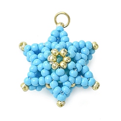 Небесно-голубой Бисер бисерные подвески, звезды кулоны, с золотыми 304 кольцами из нержавеющей стали, голубой, 20x18x11.5 мм