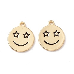 Real 18K Gold Plated Rack Plating Eco-friendly Brass Pendants, Cadmium Free & Lead Free, Flat Round with Smiling Face, Real 18K Gold Plated, 16.5x14x1.5mm, Hole: 1.5mm
