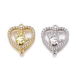 Mixed Color Brass Micro Pave Clear Cubic Zirconia Pendants, Long-Lasting Plated, Heart with Hand, Mixed Color, 16.5x14x2.5mm, Hole: 1mm