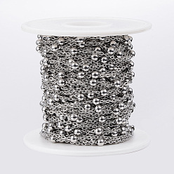 Stainless Steel Color 304 Stainless Steel Cable Chains, Satellite Chains, with Steel Beads, Soldered, with Spool, Flat Oval, Stainless Steel Color, 2.5x1.5x0.3mm, about 32.8 Feet(10m)/roll