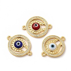 Mixed Color Rack Plating Real 18K Gold Plated Brass Micro Pave Clear Cubic Zirconia Connector Charms, Flat Round Links with Evil Eye, with Handmade Lampwork, Cadmium Free & Lead Free, Long-Lasting, Mixed Color, 24x18.5x3.5mm, Hole: 1.5mm