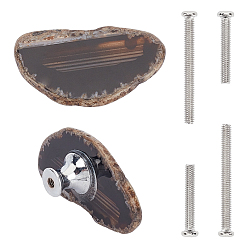 Кокосово-Коричневый Ручки ящика из окрашенного натурального агата, ручка ящика аномальной формы, с пьедесталом из сплава, железа винтов, для дома, кабинет, шкаф и комод, платина, кокосового коричневый, 51.5~61.5x32~37x18~19 мм, отверстие : 4.2 мм, винты: 6x42 мм, контактный: 4 мм, 6x27 мм, штифты : 4 мм