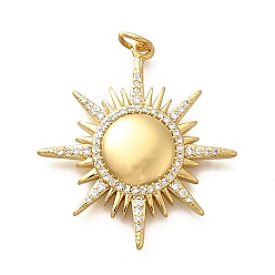 Golden Brass Micro Pave Cubic Zirconia Pendants, Sun Charms, Cadmium Free & Lead Free, Long-Lasting Plated, with Jump Ring, Golden, 30x27.5x4mm, Hole: 3mm