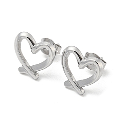 Stainless Steel Color Non-Tarnish 304 Stainless Steel Stud Earrings, Hollow Heart Shape, Stainless Steel Color, 11x12mm