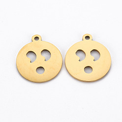Golden Ion Plating(IP) 201 Stainless Steel Pendants, Cut, Flat Round with Expression, Golden, 17.5x15x1mm, Hole: 1.5mm