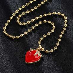 Настоящее золото 18K Латунная красная эмаль клубника кулон шариковая цепочка ожерелья, с четким кубического циркония, без кадмия и без свинца, долговечный, стойки покрытие, реальный 18 k позолоченный, 16.42 дюйм (41.7 см)
