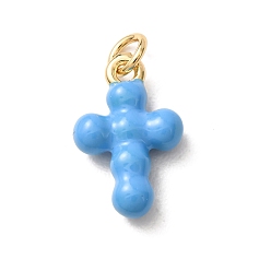 Deep Sky Blue Brass Pendants, with Enamel, Cross Charms, Rack Plating, Long-Lasting Plated, Lead Free & Cadmium Free, Real 18K Gold Plated, Deep Sky Blue, 17.5x11x4mm, Hole: 3mm
