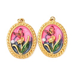 Ярко-Розовый 304 нержавеющей стальной эмали подвески, овальный с бабочкой и цветком, с пластиковым искусственным жемчугом и пластиковым кольцом для прыжков, ионное покрытие (ip), реальный 18 k позолоченный, ярко-розовый, 30x21x4 мм, отверстие : 2.5 мм