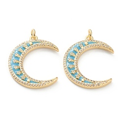 Светло-Синий Латунные микропаве прозрачные подвески с фианитом, с эмалью, долговечный, реальный 18 k позолоченный, луна, голубой, 26x21x2.5 мм, отверстие : 3 мм