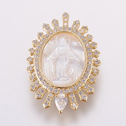 Real 18K Gold Plated Brass Micro Pave Cubic Zirconia Pendants, with Shell, Long-Lasting Plated, Oval, Real 18K Gold Plated, 37x25x6mm, Hole: 2mm
