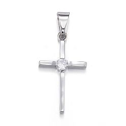 Нержавеющая Сталь Цвет 316 хирургические подвески из нержавеющей стали с кубическим цирконием, крестик, цвет нержавеющей стали, 26x15x3 мм, отверстие : 4x7 мм