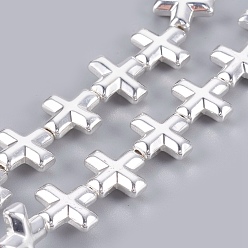 Silbern Plattiert Versilbert Galvanischer nichtmagnetischer synthetischer Hämatit-Perlenstrang, Kreuz, Silbern Plattiert Versilbert, 12x12x4 mm, Bohrung: 0.8 mm, ca. 33 Stk. / Strang, 15.7 Zoll (40 cm)
