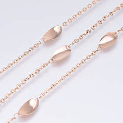 Розовое Золото Ионное покрытие (ip) 304 кабельные цепи из нержавеющей стали, с овальными звеньями, пайки, с катушкой, Плоско-овальные, розовое золото , 12x6x0.3 мм, около 32.8 футов (10 м) / рулон