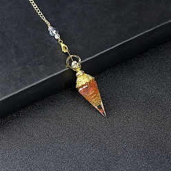 Watermelon Stone Glass Resin Cone Dowsing Pendulums, Watermelon Stone Glass Chip inside and Metal Findings Charm, 380mm
