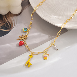 Разноцветный Милые латунные кубические цирконии и натуральный жемчуг жираф кокосовая пальма клубника кулон ожерелья для женщин, идеально подходит для праздников, золотые, красочный, 15.35 дюйм (39 см)