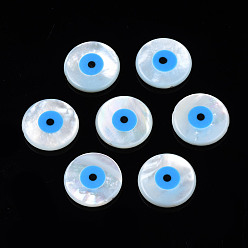 Light Sky Blue Natural White Shell Mother of Pearl Shell Beads, with Synthetic Turquoise, Flat Round with Evil Eye, Light Sky Blue, 15x3mm, Hole: 0.7mm