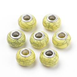 Светло-хаки Европейские бусины из искусственной бирюзы из смолы, бусины с большим отверстием, с серебряного цвета латуни двойные сердечники, рондель, светлый хаки, 14x9.5 мм, отверстие : 5 мм