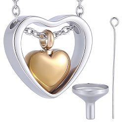 Golden & Stainless Steel Color 1Pc 304 Stainless Steel Heart Pendant Urn Ashes Necklaces, with 1Pc 304 Stainless Steel Mini Funnel, with Eye Pins, Golden & Stainless Steel Color, 15.98 inch(40.6cm)