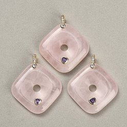Rose Quartz Natural Rose Quartz Pendants, Rhombus Charms, with Brass Pave Cubic Zirconia Findings, Golden, 35~35.5x35~35.5x8~8.5mm, Hole: 5x6mm