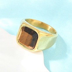 Tiger Eye 304 Stainless Steel with Natural Tiger Eye Finger Rings for Men, Square, Golden, 15mm, Inner Diameter: 20mm