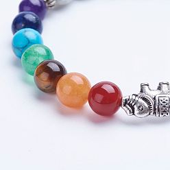 Mixed Stone Natural Mixed Stone Beaded Stretch Bracelets, with Alloy Spacer Beads, Elephant, Antique Silver, 1-3/4 inch(45mm)