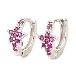 Средний Фиолетово-красный Латунные микро проложить серьги обруча кубического циркония, Реальная платина, звезда, средне фиолетовый красный, 14x15x8 мм, штифты : 1 мм