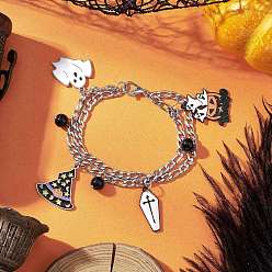 Античный Серебристый & Цвет Нержавеющей Стали Тема хеллоуина 304 браслеты из нержавеющей стали с цепочками figaro и несколькими рядами, браслеты с подвесками из сплава и эмали для мужчин и женщин, старинное серебро и цвет нержавеющей стали, 7-5/8 дюйм (19.5 см)