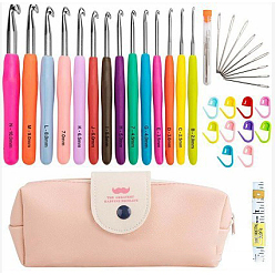 Pink DIY Knitting Tool Sets, including Aluminum Crochet Hooks Needles, Random Color Plastic Locking Stitch Marker, Tape Measure, Needle, Storage Bag, Pink, Crochet Hooks Needles: 150mm, 14pcs/set