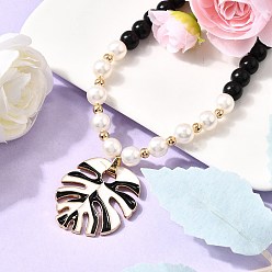 Черный Ожерелья из круглых бусин из листового сплава с эмалью, окрашенной синтетической бирюзой и пластиковым жемчугом для женщин, золотые, чёрные, 17.13 дюйм (43.5 см)