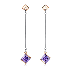 Dark Violet Brass Micro Pave Cubic Zirconia Dangle Stud Earring, Cadmium Free & Lead Free & Nickel Free, Rhombus, Platinum & Golden, Dark Violet, 57x10mm
