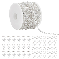 Silver DIY Chain Necklace/Bracelet Making Kits, including Brass Cable Chains, Plastic Spools, Zinc Alloy Lobster Claw Clasps, Iron Open Jump Rings, Silver, Links: 3.5x3x0.5mm, 10m