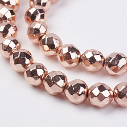Гальванический Розовый Золотой Немагнитные нити шарик синтетический гематит, граненые, круглые, покрытием из розового золота, 6 мм, отверстие : 1 мм, около 66~72 шт / нитка, 15.4 дюйм ~ 15.7 дюйм