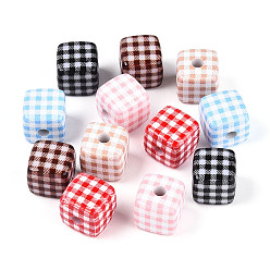 (52) Непрозрачная лаванда Печатные непрозрачные акриловые бусины, куб с клетчатым узором, разноцветные, 14x14~14.5x14~14.5 мм, отверстие : 3.8 мм