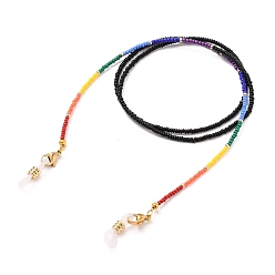 Black Eyeglasses Chains, Neck Strap for Eyeglasses, with FGB Round Glass Seed Beads, Brass Crimp Beads Covers, 304 Stainless Steel Lobster Claw Clasps and Rubber Loop Ends, Black, 27.56 inch(70cm)