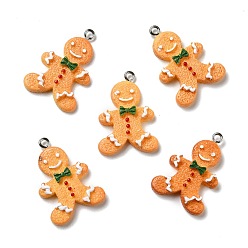 Sandy Brown Opaque Resin Pendants, with Platinum Tone Iron Loops, Imitation Gingerbread, Christmas Theme, Gingerbread Man, Sandy Brown, 30x21x5mm, Hole: 2mm