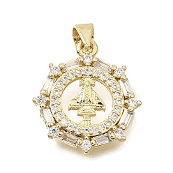 Chapado en Oro Real 18K Colgantes religiosos de latón con micropavé de circonitas cúbicas transparentes, plano redondo con dijes de virgen de juquila, chapado en rack, larga duración plateado, sin plomo y cadmio, real 18 k chapado en oro, 20.5x18.5x2.5 mm, agujero: 4.5x3.5 mm