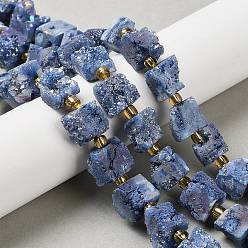 Стально-синий Гальванические натуральный druzy шарики агата стренг, кубические, с бисером, стальной синий, 9.5~11x8~10x9.5~10.5 мм, отверстие : 1 мм, около 14 шт / нитка, 7.20'' (18.3 см)