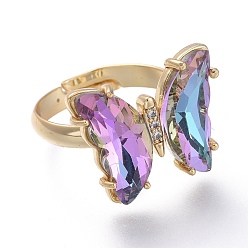 Medium Purple Adjustable Brass Glass Finger Rings, with Clear Cubic Zirconia, Butterfly, Golden, Medium Purple, Size 7, Inner Diameter: 17mm