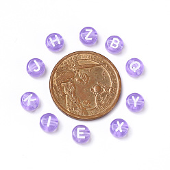 Lilac Transparent Lilac Acrylic Beads, Horizontal Hole, Mixed Letters, Flat Round with White Letter, 7x4mm, Hole: 1.5mm, 100pcs/Bag