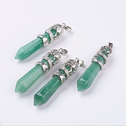 Green Aventurine Natural Green Aventurine Big Pointed Pendants, with Alloy Findings, Faceted, Bullet, Platinum, 59~63x11~12mm, Hole: 4x7mm