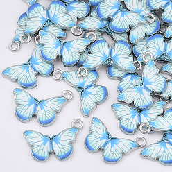 Светло-Голубой Печатные подвески сплава, с эмалью, бабочка, платина, Небесно-голубой, 13.5x20x2 мм, отверстие : 1.6 мм