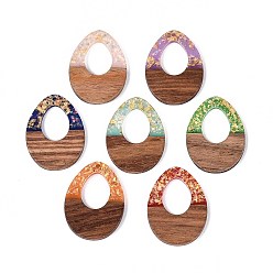 (52) Непрозрачная лаванда Подвески из непрозрачной смолы и орехового дерева, слезинки, с блестящей пудрой и золотой фольгой, разноцветные, 37.5~38x28x3~4 мм, отверстие : 2 мм