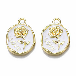 Белый Стойки обшивки сплава эмали подвески, золотой свет, без кадмия, без никеля и без свинца, овал с розой и словом любовь, белые, 21x16x3 мм, отверстие : 1.6 мм