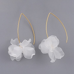 White Petal Transparent Acrylic Dangle  Earrings, with 304 Stainless Steel Earring Hooks, Golden, White, 58~61x30~32mm, Pin: 0.7mm